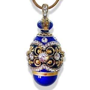 CROWN STERLING SILVER Blue Lapis Enamel Faberge Egg Pendant Swarovski Crystals